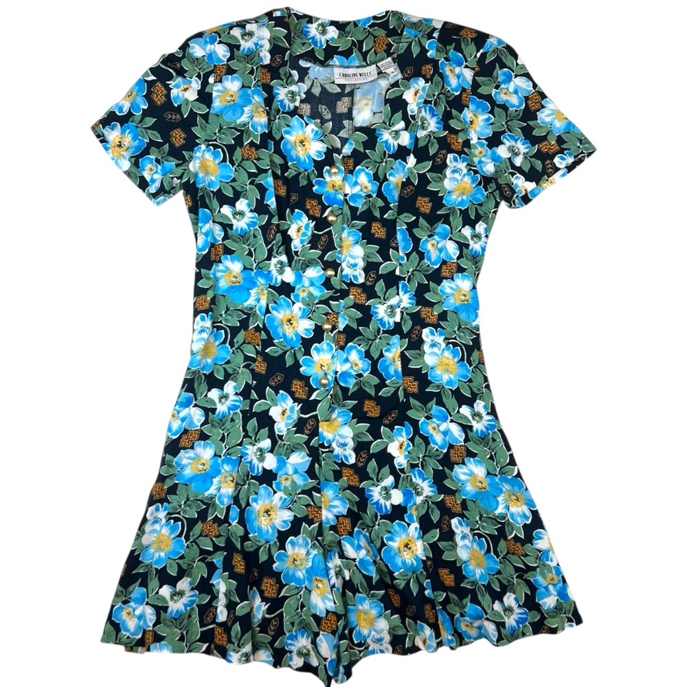 Vintage Caroline Wells Romper Multicolor Tropical Floral Print Button Front